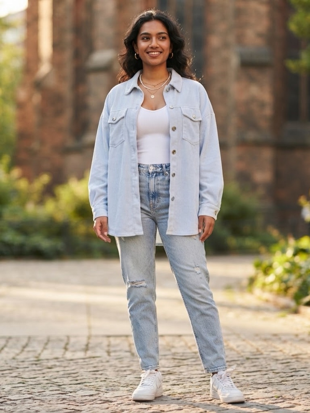 Forever 21 Women Light Blue Corduroy Long Sleeve Button Down Shacket Size S